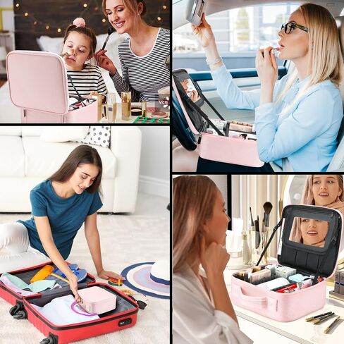 Pink Makeup Bag with Mirror, Makeup Bags for Women, Travel Makeup Train Case, Makeup Organizer Bag, Adjustable Dividers & Support Straps, Portable Storage Bag for Makeup Brushes Toiletry in Saudi Arabia