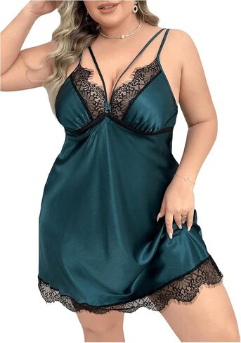 Women's Plus Size Lace Satin Nightgowns Deep V Neck Spaghetti Strap Chemise Sleep Dress Nightwear in Saudi Arabia