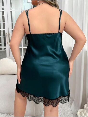Women's Plus Size Lace Satin Nightgowns Deep V Neck Spaghetti Strap Chemise Sleep Dress Nightwear in Saudi Arabia