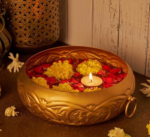 Urli Bowl Set for Decoration Indian - 9 Inch | Lotus Urli Bowl for Diwali Diya, Indian Decorations for Home | Brass Finish Urli for Floating Candles, Flowers | Urlis For Decoration Indian in Saudi Arabia