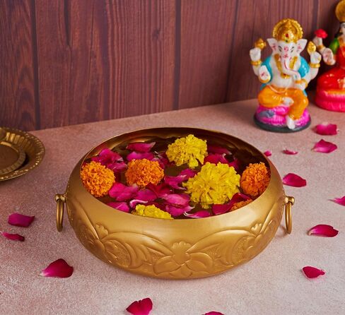 Urli Bowl Set for Decoration Indian - 9 Inch | Lotus Urli Bowl for Diwali Diya, Indian Decorations for Home | Brass Finish Urli for Floating Candles, Flowers | Urlis For Decoration Indian in Saudi Arabia