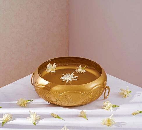 Urli Bowl Set for Decoration Indian - 9 Inch | Lotus Urli Bowl for Diwali Diya, Indian Decorations for Home | Brass Finish Urli for Floating Candles, Flowers | Urlis For Decoration Indian in Saudi Arabia