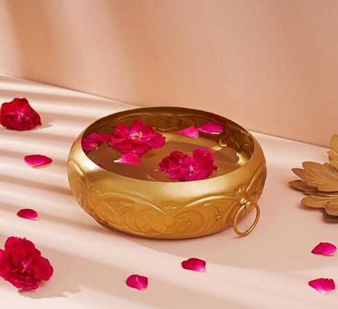 Urli Bowl Set for Decoration Indian - 9 Inch | Lotus Urli Bowl for Diwali Diya, Indian Decorations for Home | Brass Finish Urli for Floating Candles, Flowers | Urlis For Decoration Indian in Saudi Arabia