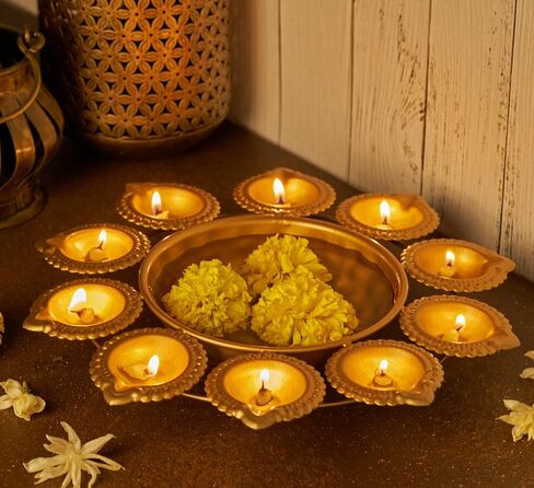 Urli Bowl Set for Decoration Indian - 9 Inch | Lotus Urli Bowl for Diwali Diya, Indian Decorations for Home | Brass Finish Urli for Floating Candles, Flowers | Urlis For Decoration Indian in Saudi Arabia