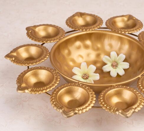 Urli Bowl Set for Decoration Indian - 9 Inch | Lotus Urli Bowl for Diwali Diya, Indian Decorations for Home | Brass Finish Urli for Floating Candles, Flowers | Urlis For Decoration Indian in Saudi Arabia