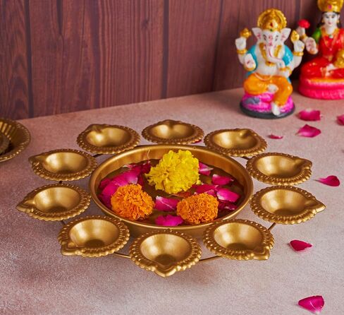 Urli Bowl Set for Decoration Indian - 9 Inch | Lotus Urli Bowl for Diwali Diya, Indian Decorations for Home | Brass Finish Urli for Floating Candles, Flowers | Urlis For Decoration Indian in Saudi Arabia