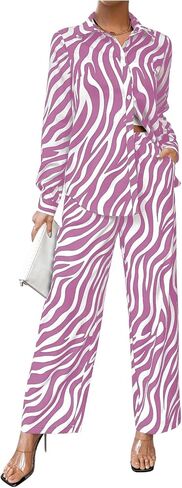 MakeMeChic Women's Zebra Print Shirts and Pants Set Long Sleeve Button Blouse 2 Piece Outfits in Saudi Arabia