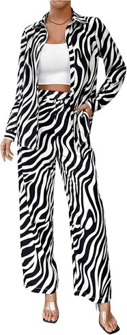 MakeMeChic Women's Zebra Print Shirts and Pants Set Long Sleeve Button Blouse 2 Piece Outfits in Saudi Arabia