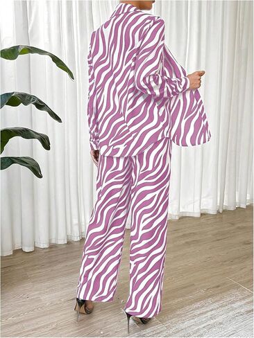MakeMeChic Women's Zebra Print Shirts and Pants Set Long Sleeve Button Blouse 2 Piece Outfits in Saudi Arabia