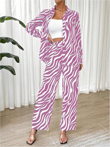 MakeMeChic Women's Zebra Print Shirts and Pants Set Long Sleeve Button Blouse 2 Piece Outfits in Saudi Arabia