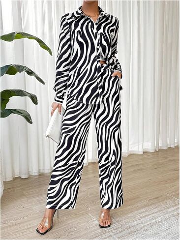 MakeMeChic Women's Zebra Print Shirts and Pants Set Long Sleeve Button Blouse 2 Piece Outfits in Saudi Arabia