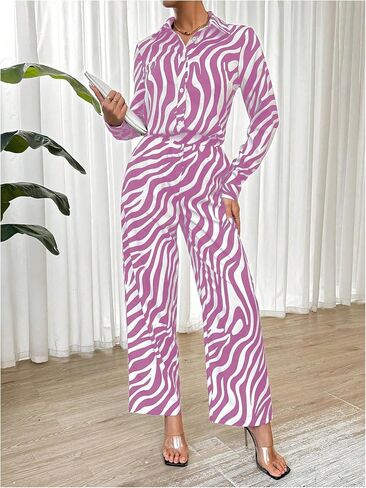 MakeMeChic Women's Zebra Print Shirts and Pants Set Long Sleeve Button Blouse 2 Piece Outfits in Saudi Arabia