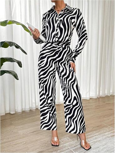 MakeMeChic Women's Zebra Print Shirts and Pants Set Long Sleeve Button Blouse 2 Piece Outfits in Saudi Arabia