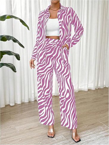 MakeMeChic Women's Zebra Print Shirts and Pants Set Long Sleeve Button Blouse 2 Piece Outfits in Saudi Arabia