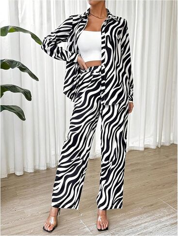 MakeMeChic Women's Zebra Print Shirts and Pants Set Long Sleeve Button Blouse 2 Piece Outfits in Saudi Arabia
