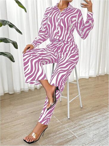 MakeMeChic Women's Zebra Print Shirts and Pants Set Long Sleeve Button Blouse 2 Piece Outfits in Saudi Arabia