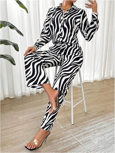 MakeMeChic Women's Zebra Print Shirts and Pants Set Long Sleeve Button Blouse 2 Piece Outfits in Saudi Arabia
