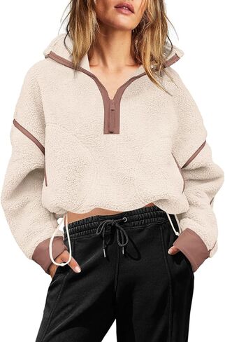 Yanekop Womens 1/2 Zip Up Sherpa Pullover Fuzzy Fleece Sweatshirt Fluffy Lapel Outerwear with Pockets(Apricot Beige,S) in Kuwait