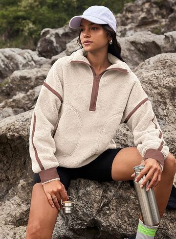 Yanekop Womens 1/2 Zip Up Sherpa Pullover Fuzzy Fleece Sweatshirt Fluffy Lapel Outerwear with Pockets(Apricot Beige,S) in Kuwait