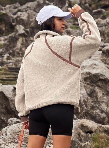 Yanekop Womens 1/2 Zip Up Sherpa Pullover Fuzzy Fleece Sweatshirt Fluffy Lapel Outerwear with Pockets(Apricot Beige,S) in Kuwait