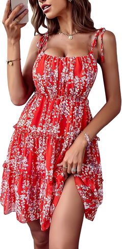 ROYUNA Women's Sundresses Spaghetti Strap Sleeveless Floral Flowy Short Dresses Beach Vacation Cute Mini Dress 2023 in Saudi Arabia
