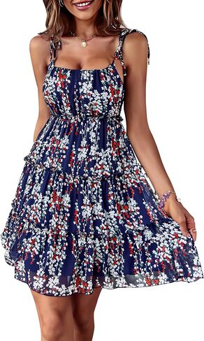 ROYUNA Women's Sundresses Spaghetti Strap Sleeveless Floral Flowy Short Dresses Beach Vacation Cute Mini Dress 2023 in Saudi Arabia