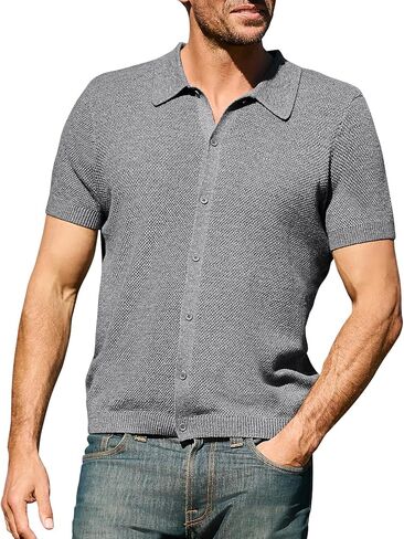 Arach&Cloz Mens Button Down Clean Knit Shirts 2024 Fall Fashion Sweater Casual Business Short Sleeve Golf Polo in Kuwait