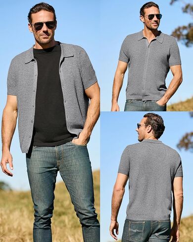 Arach&Cloz Mens Button Down Clean Knit Shirts 2024 Fall Fashion Sweater Casual Business Short Sleeve Golf Polo in Kuwait