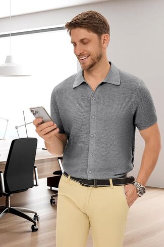 Arach&Cloz Mens Button Down Clean Knit Shirts 2024 Fall Fashion Sweater Casual Business Short Sleeve Golf Polo in Kuwait