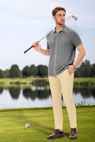 Arach&Cloz Mens Button Down Clean Knit Shirts 2024 Fall Fashion Sweater Casual Business Short Sleeve Golf Polo in Kuwait