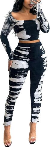 Ecirod Womens Workout Sets 2 Piece Seamless Ribbed Outfits Tie Dye Long Sleeve Square Neck Crop Top Leggings Set in Saudi Arabia