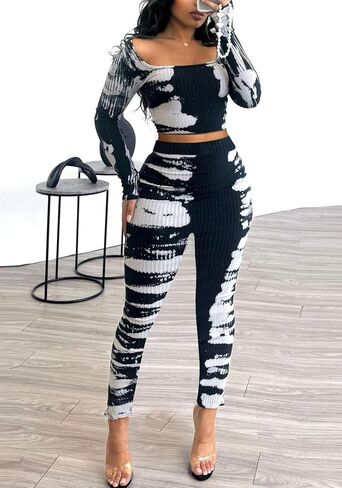 Ecirod Womens Workout Sets 2 Piece Seamless Ribbed Outfits Tie Dye Long Sleeve Square Neck Crop Top Leggings Set in Saudi Arabia