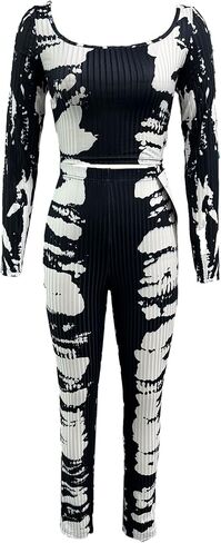 Ecirod Womens Workout Sets 2 Piece Seamless Ribbed Outfits Tie Dye Long Sleeve Square Neck Crop Top Leggings Set in Saudi Arabia