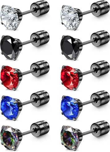 YADOCA 5 أزواج من الأقراط المسطحة الخلفية للرجال والنساء لا تسبب الحساسية الجراحية من الفولاذ المقاوم للصدأ أقراط مرصعة بقوس قزح مكعب زركونيا ثقب النائم مجموعة من الأقراط النائمة للغضروف باللون الأسود in Kuwait