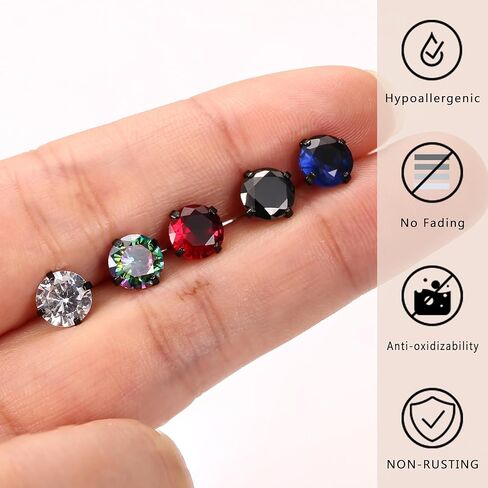 YADOCA 5 أزواج من الأقراط المسطحة الخلفية للرجال والنساء لا تسبب الحساسية الجراحية من الفولاذ المقاوم للصدأ أقراط مرصعة بقوس قزح مكعب زركونيا ثقب النائم مجموعة من الأقراط النائمة للغضروف باللون الأسود in Kuwait