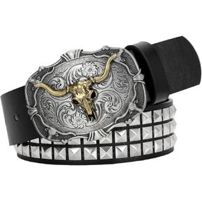 Western Punk Belt Cowboy Cowgirl Belt Studded Belt for Men Women with Western Buckle Black Goth Belt for Jeans