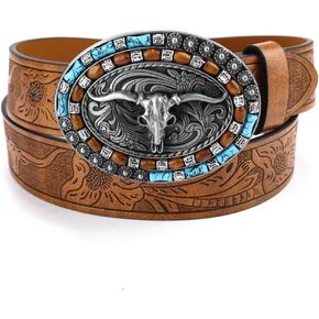 Women-Men Western Cowboy Belt - PU Leather Longhorn Bull Turquoise Embossed Buckle Belt for Jeans Pants Dresses