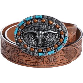 Women Men Western Leather Belts LongHorn Bull Buckle Vintage Belt Cowboy Cowgirl Country Turquoise Waist Belts