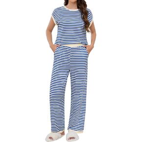 Pajama Sets for Women 2 Piece Striped Short Sleeve Pj Lounge Set Crew Neck Tops&Pants Fall Soft Sleepwear with Pockets