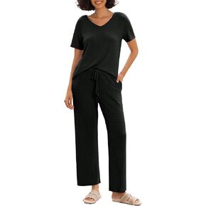 PrinStory Womens Pajama Sets Ribbed Knit Pjs Short Sleeve Top and Long Pants Lounge Set Soft Sleepwear