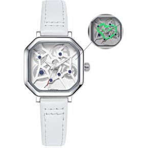 LANZOOM Women's Luminous Punk Heart Quartz Watch - 316L Surgical Stainless Steel, Mechanical Gear Design, White Leather Strap, 3ATM Waterproof