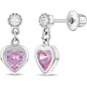 925 Sterling Silver Girl's Pink CZ Heart Dangle Earrings with Safety Screw Backs - Hypoallergenic Toddler Earrings for Kids with Cubic Zirconia Stones for Young Girls
