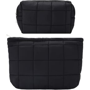 LYDZTION 2Pcs Puffy Makeup Bag Cosmetic Bag for Women,Quilted Makeup Bag Pencil Pouch Checkered Makeup Bag Makeup Pouch Organizing Bag Travel Makeup Bag,Black