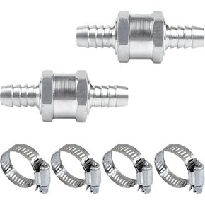 2 PCS One Way Check Valve, 3/8" 10mm Aluminium Alloy Non Return One Way Check Valve with Clamps, One Way Check Valve for Fuel Petrol Diesel Oil Water, Car Accessories