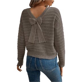 MakeMeChic Women's Bow Tie Crew Neck Fall Sweater Long Sleeve Drop Shoulder Pullover Top