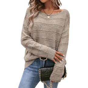Women‘s Long Sleeve Crochet Sweaters Boat Neck Pointelle Knit Tops Soft Hollow Out Pullover Sweaters