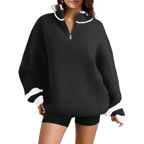 Saodimallsu Womens Oversized Sweater Casual Long Sleeve Fall Quarter Zip Striped Sweaters Lapel Mock Neck Pullover Shirt