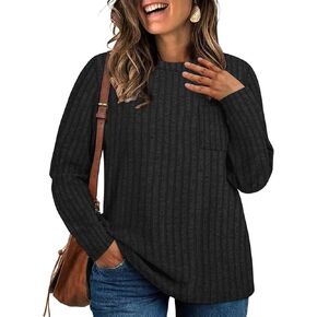 VISLILY Womens-Plus-Size-Tunic-Tops Casual Long Sleeve Crew Neck Shirts Striped Knitted Lightweight Sweaters with Cute Pocket