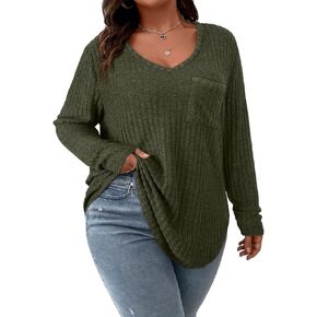 Koscacy Women Plus Size Casual Knit Sweater with Pocket V Neck Solid Color Tops Lightweight Long Sleeve Blouses