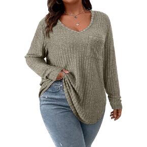 سترة Koscacy النسائية مقاس كبير كاجوال متماسكة مع جيب ورقبة على شكل حرف V وبلوزات بلون سادة وخفيفة الوزن وأكمام طويلة in Kuwait